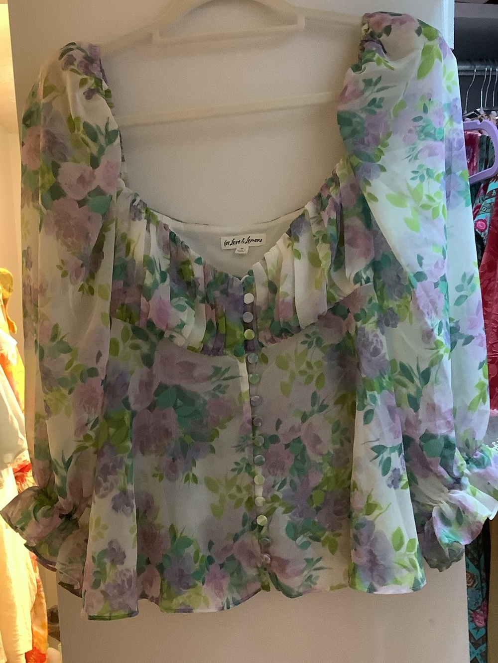For Love & Lemons Floral Button-Front Blouse in Lavender, Green, White